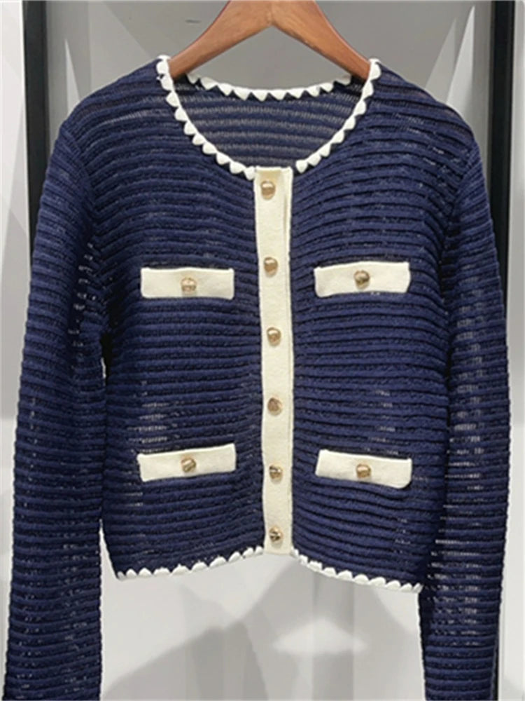 2026 Fall Women's Knit Set Gold Button Cardigan & Mini Skirt Suit