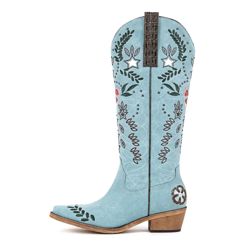 Onlymaker Women Pointed Toe Rivet Pull On Knee High Embroidery Western Cowgirl Boots Chunky Heel Embroidery Cowboy Boots