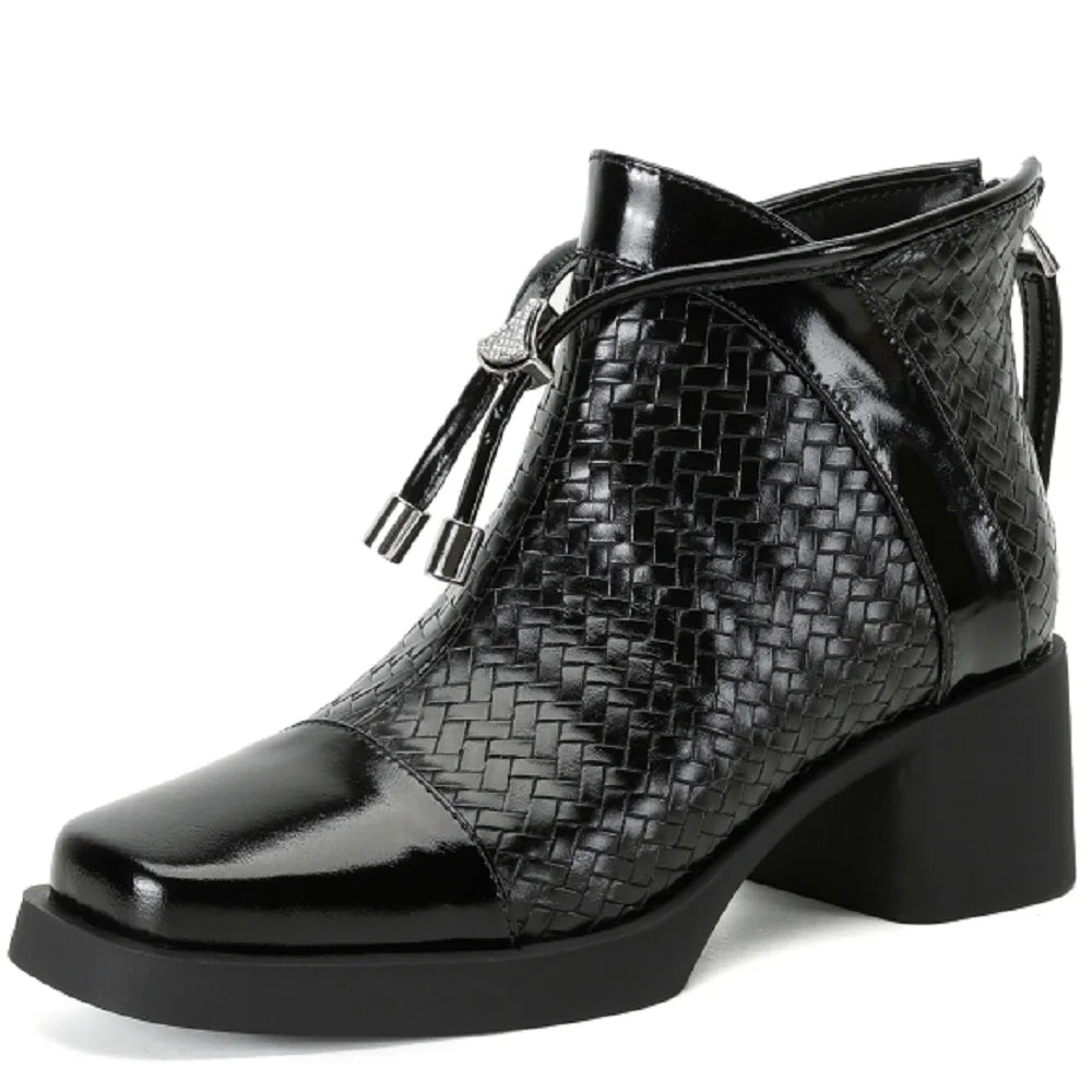Handmade Genuine Leather Retro Mid Heeled Short Boots Autumn New Square Toe Lace Up Women's Shoes 33-40