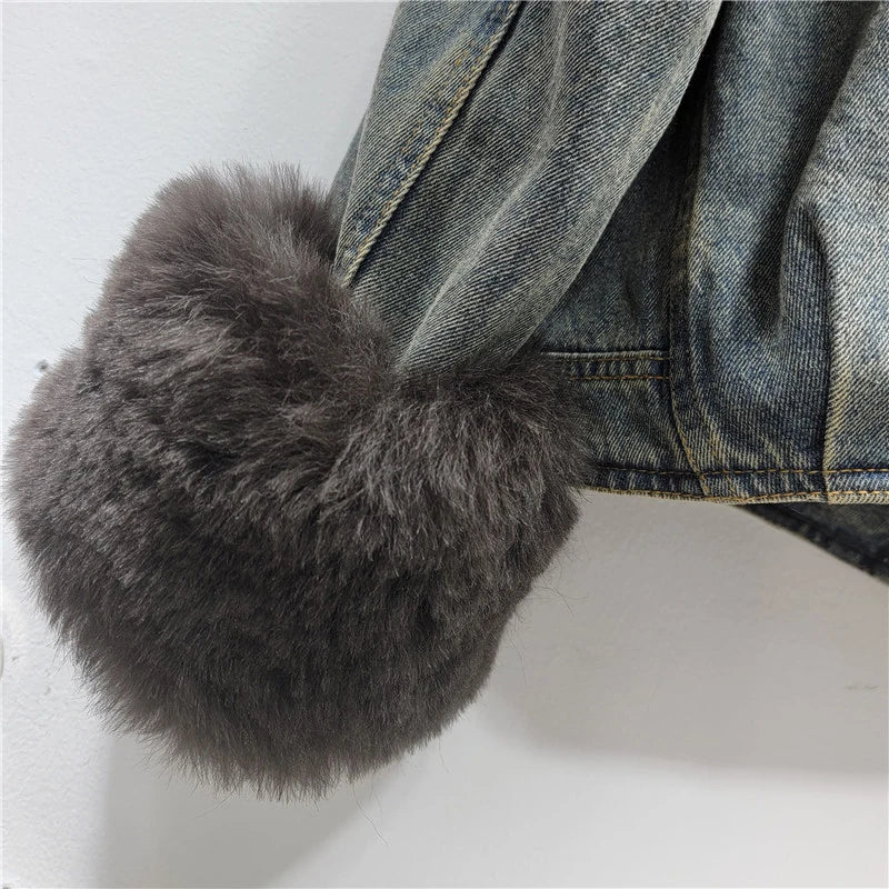 2026 Jeans Jacket Winter New Fashion Patchwork Denim Parka Coat For Women Vintage Thickened Faux Fur Short Jacket Female 11A06679