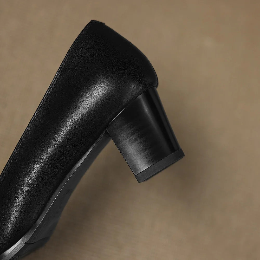 Handmade Genuine Leather Square Toe Mid Heels Butterfly-knot Retro Fashion Breathable Cozy Women Pumps 34-40