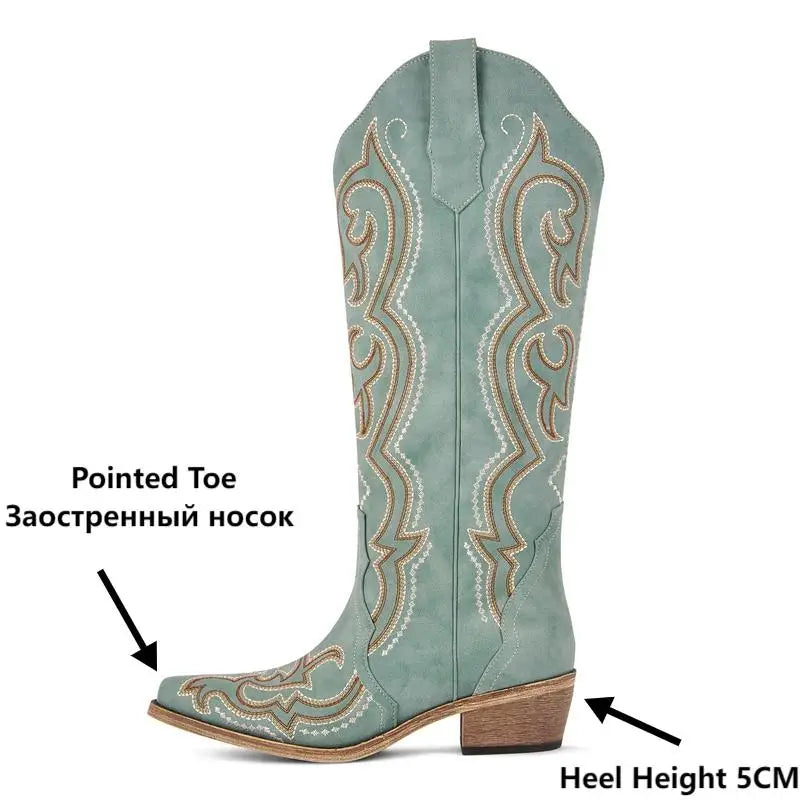 Onlymaker Women Pointed Toe Side Zipper Knee High Embroidery Western Cowgirl Boots Chunky Heel Embroidery Cowboy Boots