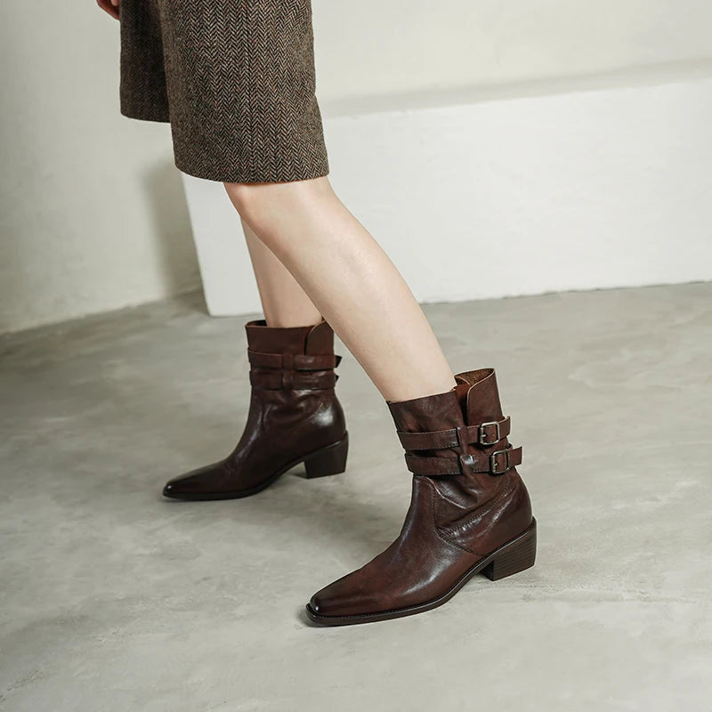 New Women Handmade Genuine Leather Soft and comfortable Ankle Boots Sexy Square Toe Mid Heels Casual 34-40
