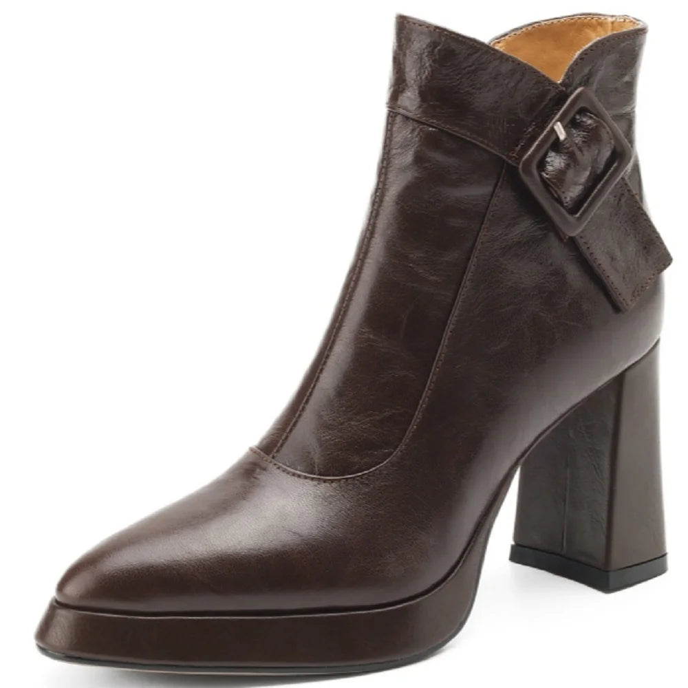 Women Handmade Brand Genuine Leather Ankle Boots Chunky Block High Heels Buckle Pointed Toe Shoes