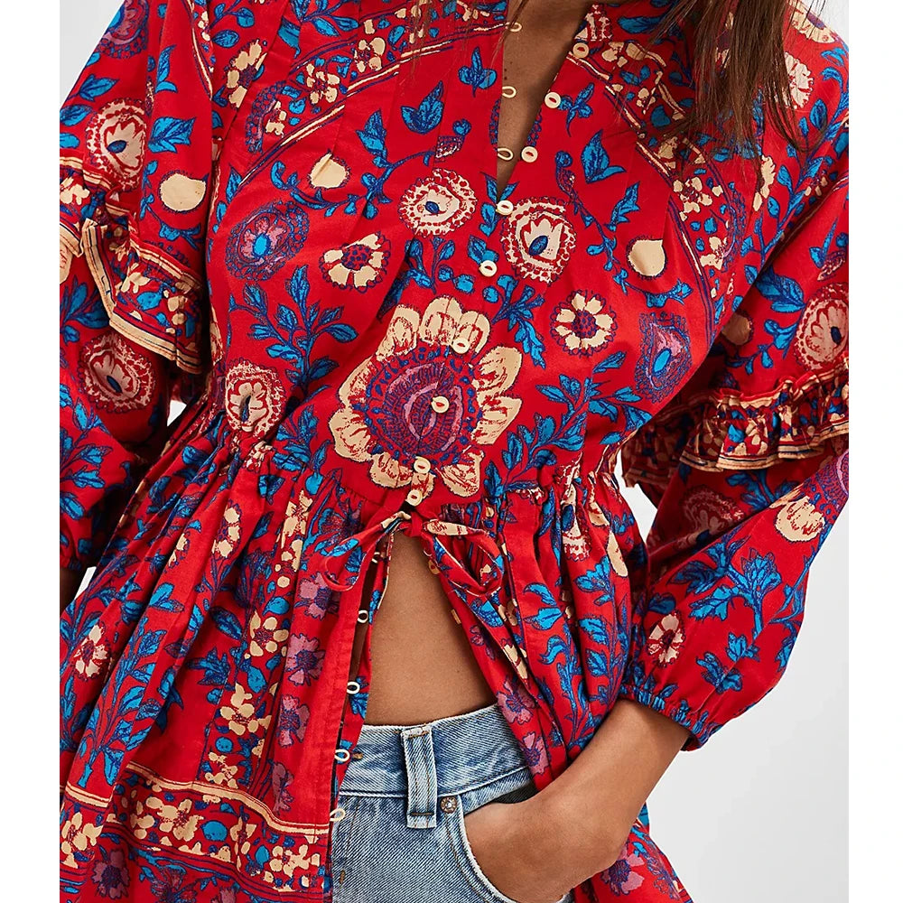 Women Y2K Boho Floral Puff Sleeve Peplum Tunic Blouse Vintage Front Tie Up Button Shirt Flower Ruffle Trim Loose Fit Dressy  Top