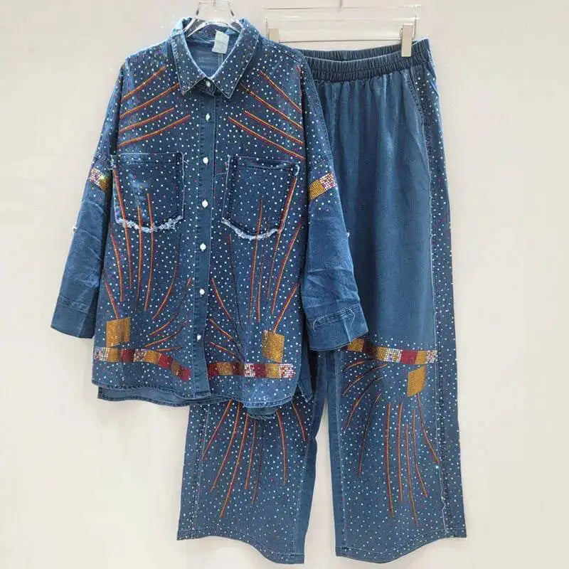 2026 Autumn New High-End Big Size Set For Women Rhinestone Denim Shirt Elastic Wasit Wide-Leg Denim Pants Trendy 11A05774