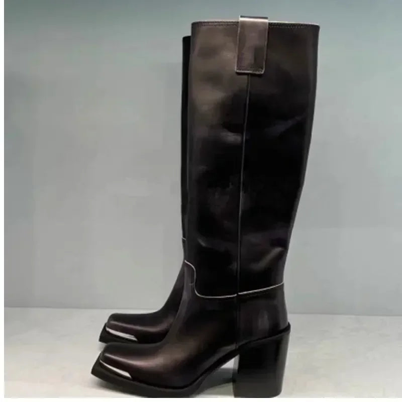 2026New Advanced Metal Square Head Women's Knight Boot Thick High Heel Sleeve Versatile Comfortable Women's Long Boots