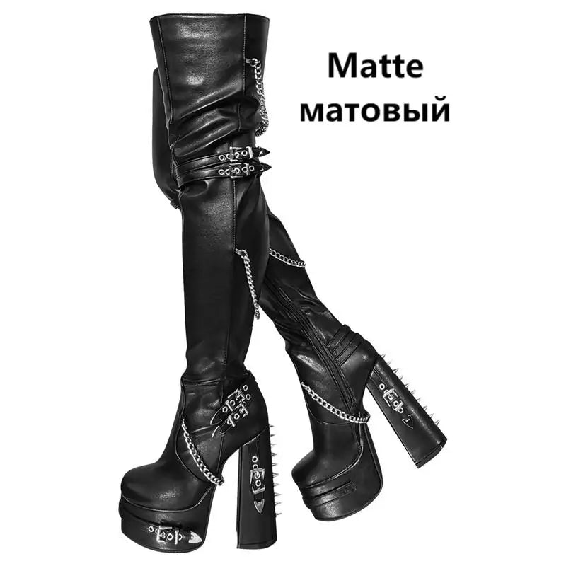 Onlymaker Women Platform Black Over Knee Boots Patent Leather Sexy Round Toe Metal Zipper Winter Punk Thigh Boots