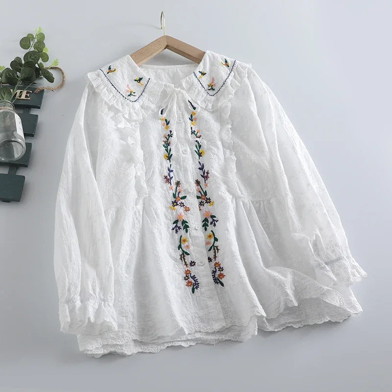 Fall Mori Girl Cotton Floral Embroidery Lace Long Sleeve Shirt Vintage Shabby Chic Cottagecore Sweet Victorian Rococo Blouse