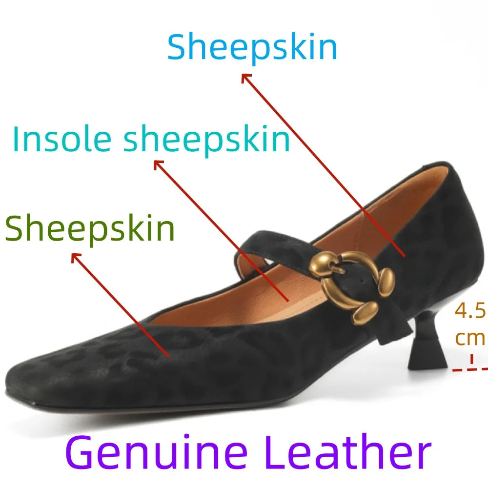new women's leopard Handmade sheepskin 4cm thick med heel elegant ladies OL style daily dress heeled shoes 34-40