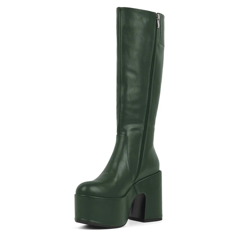 Onlymaker Women Black Round Toe Platform Knee High Boots Side Zipper Fashion Chunky Heel Mid-Calf Boot Punk Boots