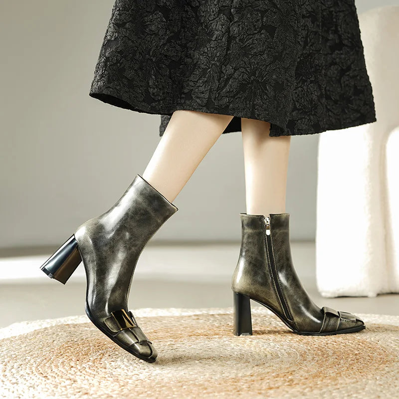 New Brand Genuine Leather Metal Decor Woman Side Zipper Ankle Boots Chunky Heel Square Toe  Luxury Designer Shoes