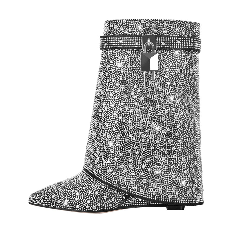 Onlymaker Women Rhinestone Fold Over Lock Shark Skirt Boots Pointed Toe Heel Thick High Heel Female Booties