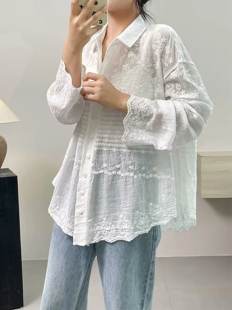 Cotton Floral Embroidery Long Sleeve Loose Tunic Shirt Vintage Retro Chic Rococo Victorian Edwardian Classy Youth Blouse Smock