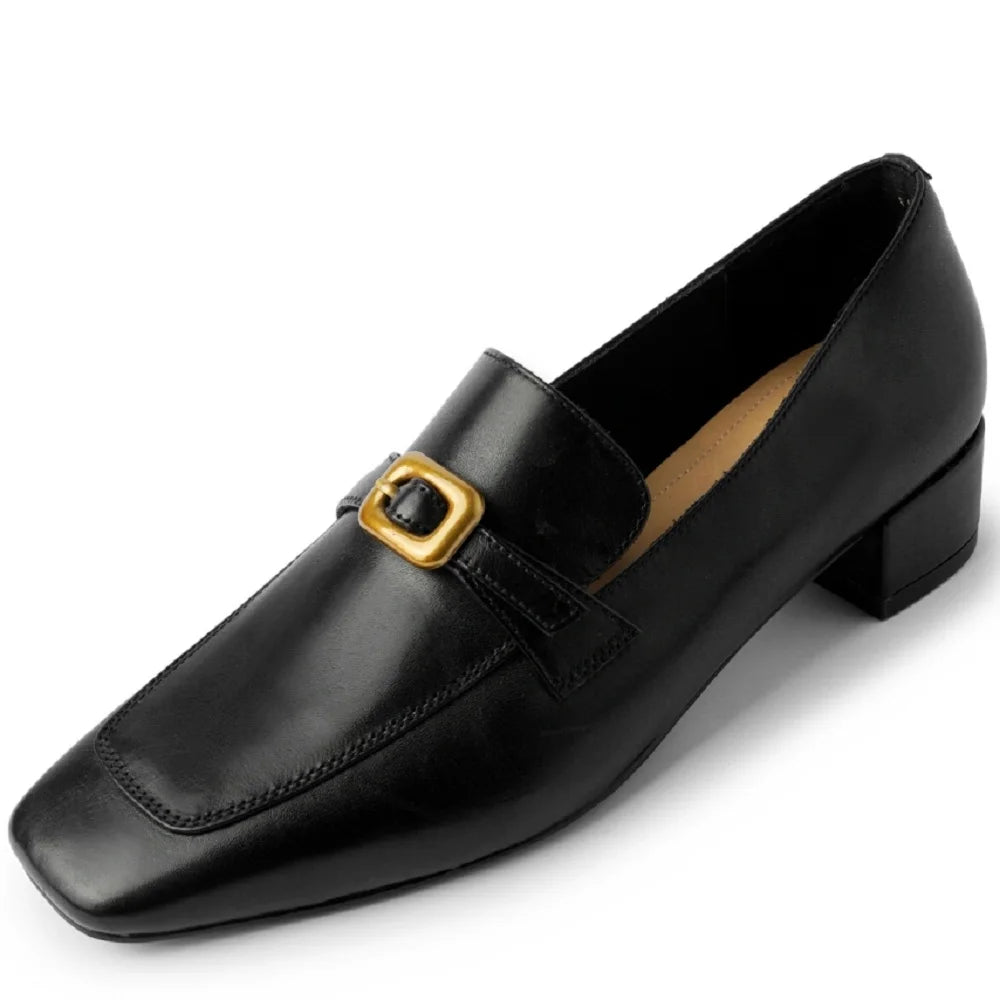 Women Cow Leather Waxing Square Toe Metal Buckle Strap Mid Hells Business Suit Ladies Shoes Handmade 34-40