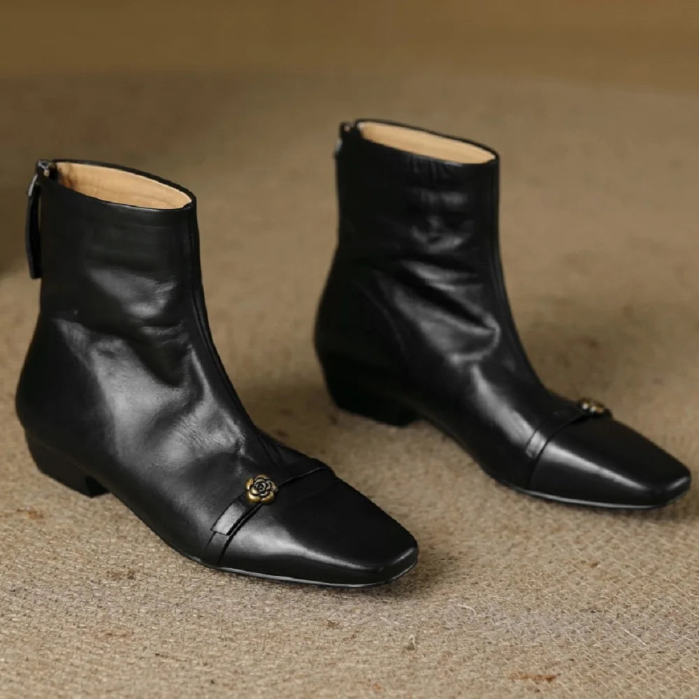 Handmade Genuine Leather Elegant Square Toe Women's Boots Autumn Winter Wide Calf Mid Heel Style Boots 33-42