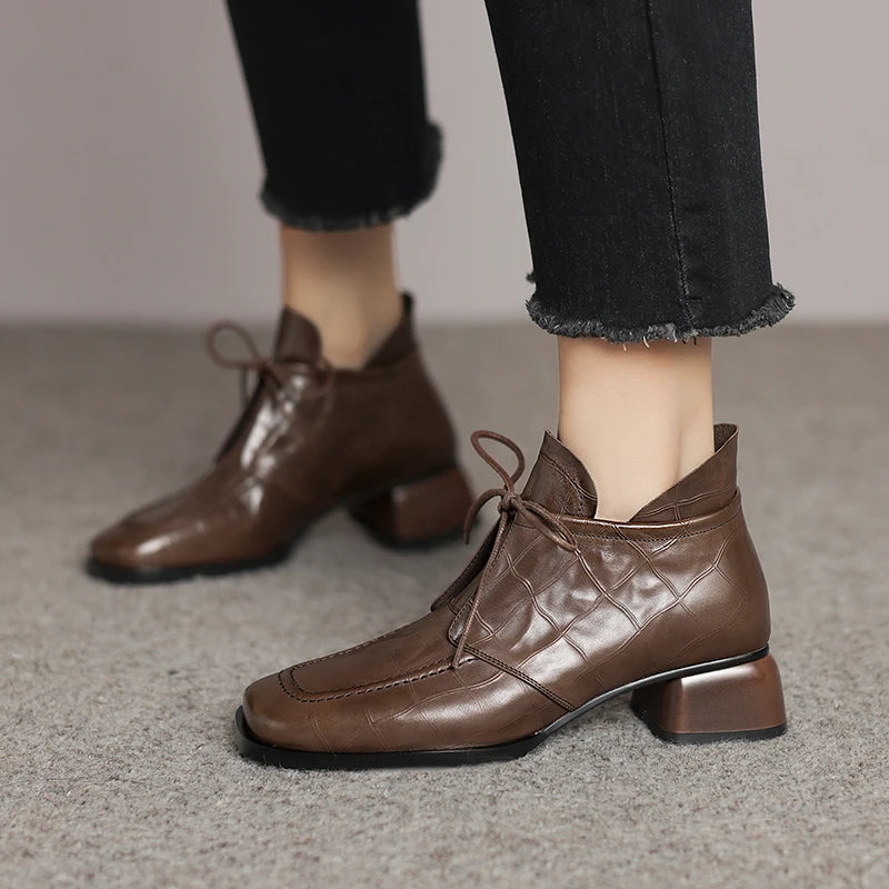 Women's Handmade Genuine Leather Shoes Medium Heel Comfort Retro Literature And Art Cross-tied Pumps Shoes 34-41