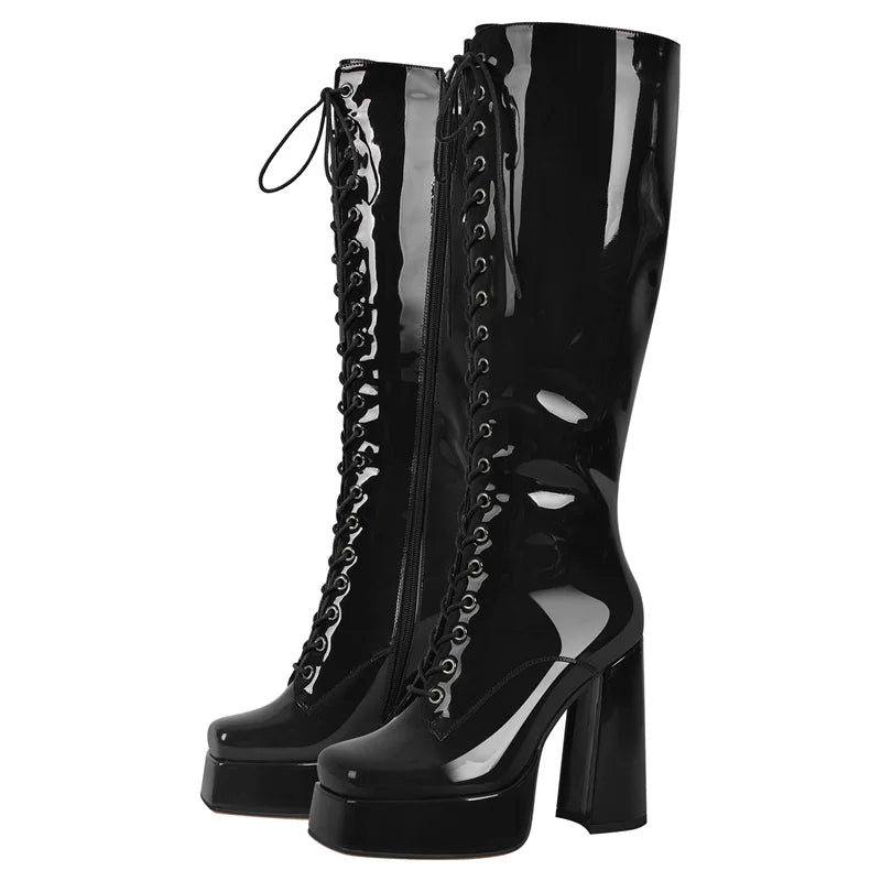 Onlymaker Women Platform Square Toe Side Zipper Knee High Boots Big Size Winter Lady Gold Punk Boots