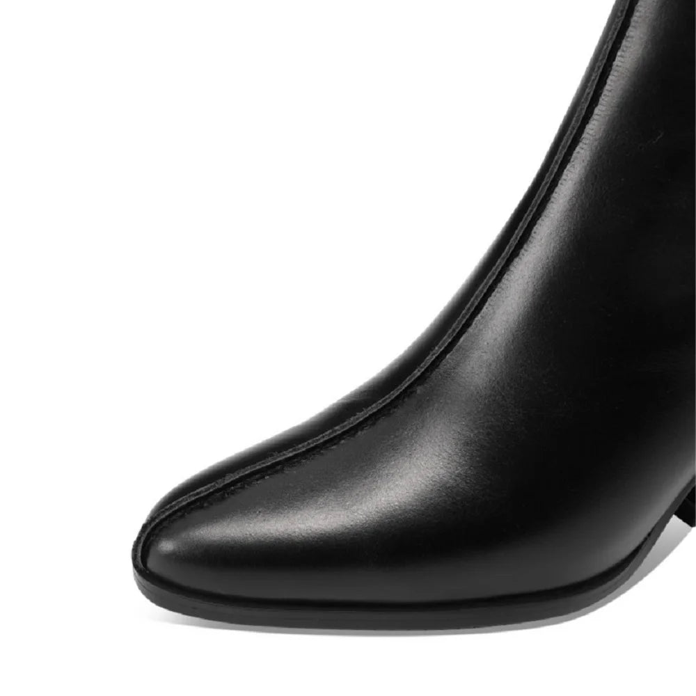 Newest High Heels Women Short Boots Elegant Square Toe Office Lady Shoes Genuine Leather Side Zipper Shoes 33-43
