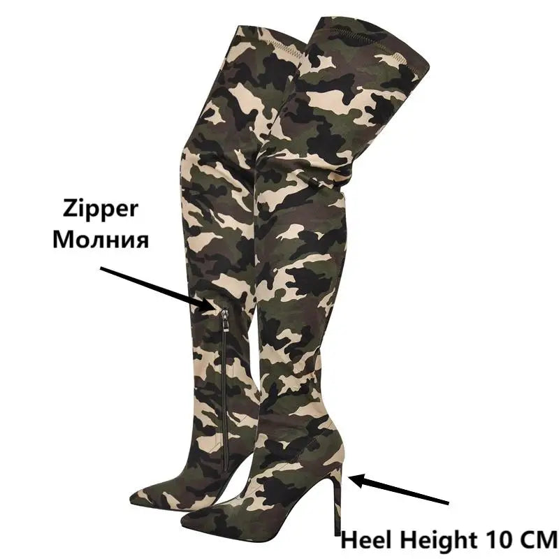 Onlymaker Womens Mixed Colors Over The Knee Boots Thin Heel Fashion CamouflageThigh High Boots