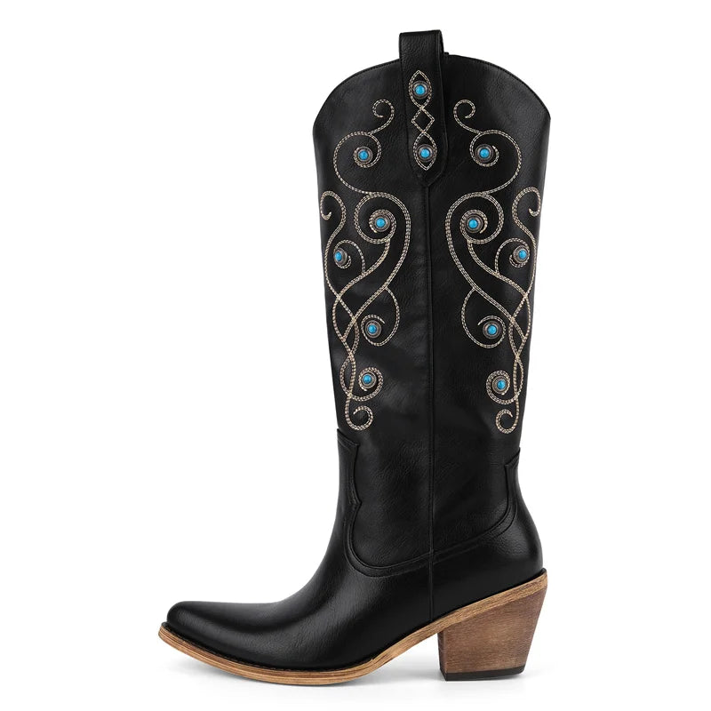 Onlymaker Women Pointed Toe Rivet Knee High Western Cowgirl Chunky Heel Embroidery Pull On Cowboy Boots