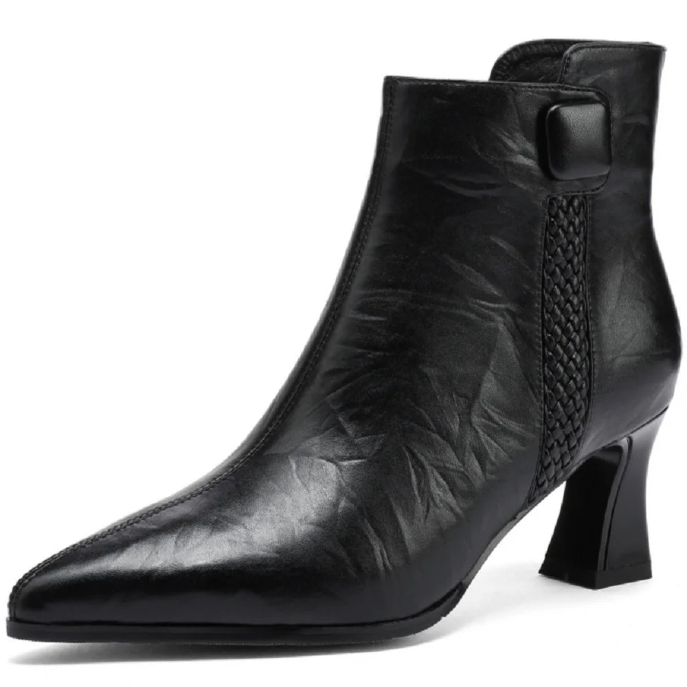 Handmade Genuine Leather Sexy Soft and comfortable Ankle Boots Women Retro Pointed Toe Chunky Short Boot