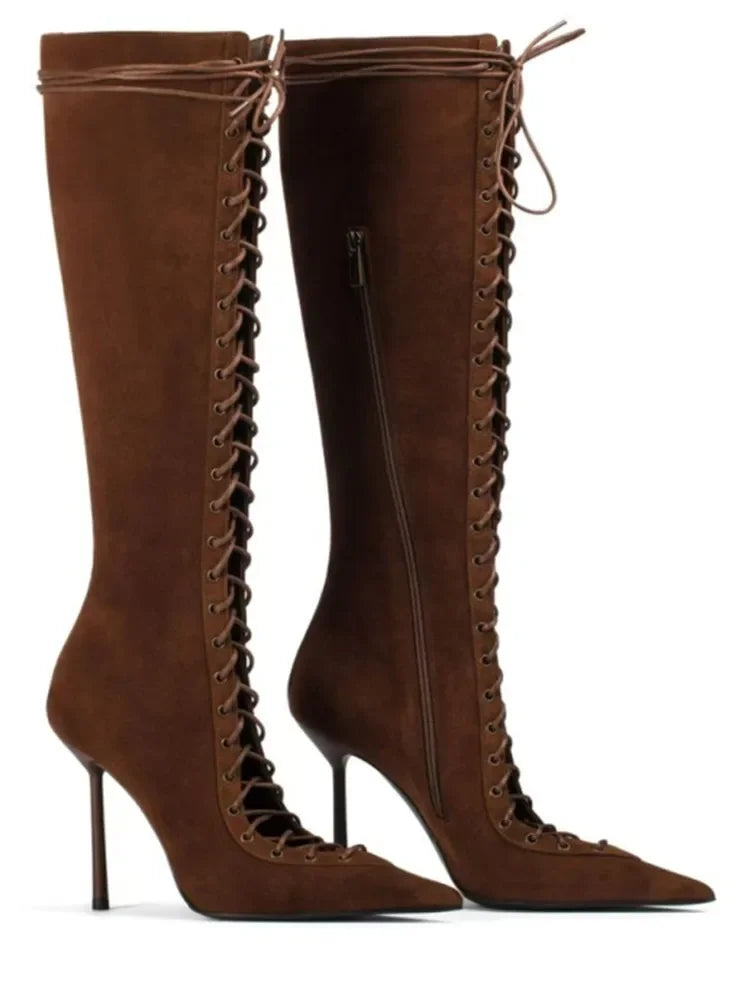 2026 Spring/Summer New Lace Short Mesh Cool Boots Side Zipper Banquet Slimming High Heels Sexy Knee Length Women's Boots