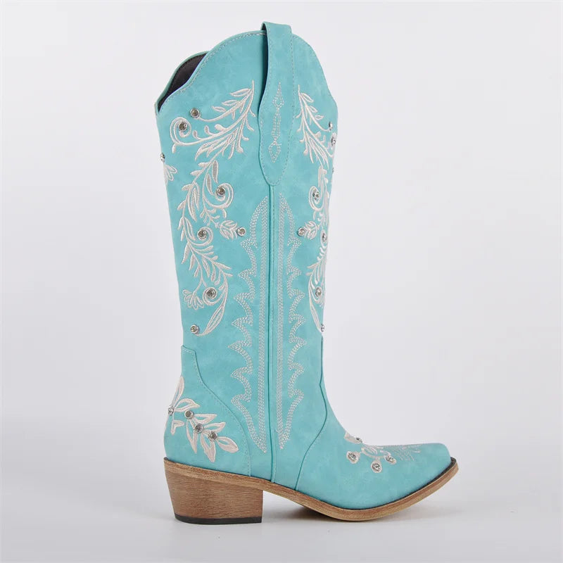 Onlymaker Women Pointed Toe Pull On Western Cowgirl Boots Fringed Chunky Heel Embroidery Cowboy Boots