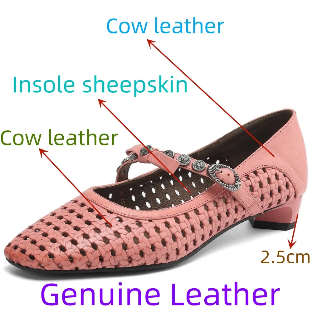 Handmade Genuine Leather Sandal Women Covered Toe Low Heel Butterfly Knot Party Dating Sandals Office Ladie 34-40