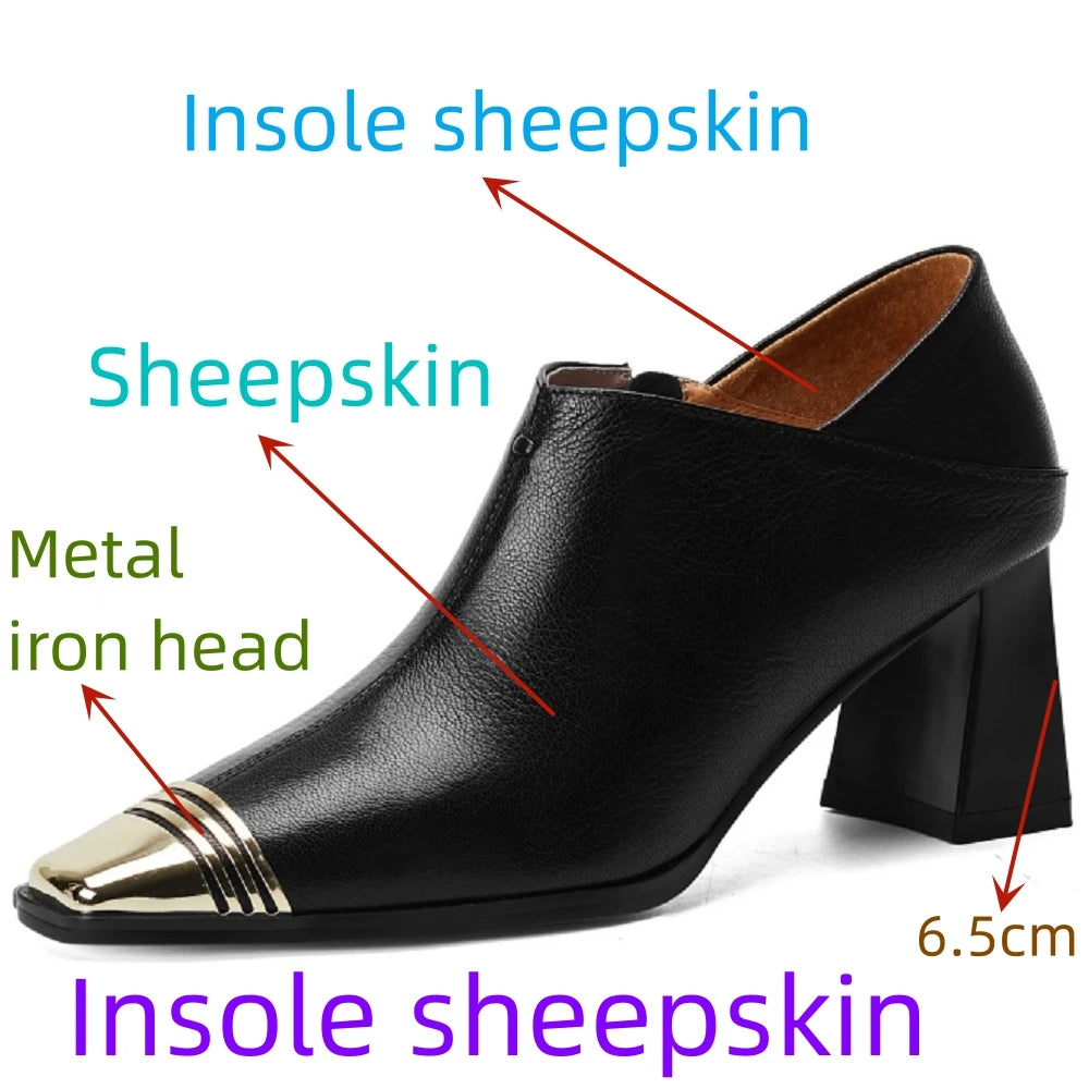 Women's Handmade New Metal Headed Genuine Leather Cowhide High Heels Square Headed Retro Shoes 34-40