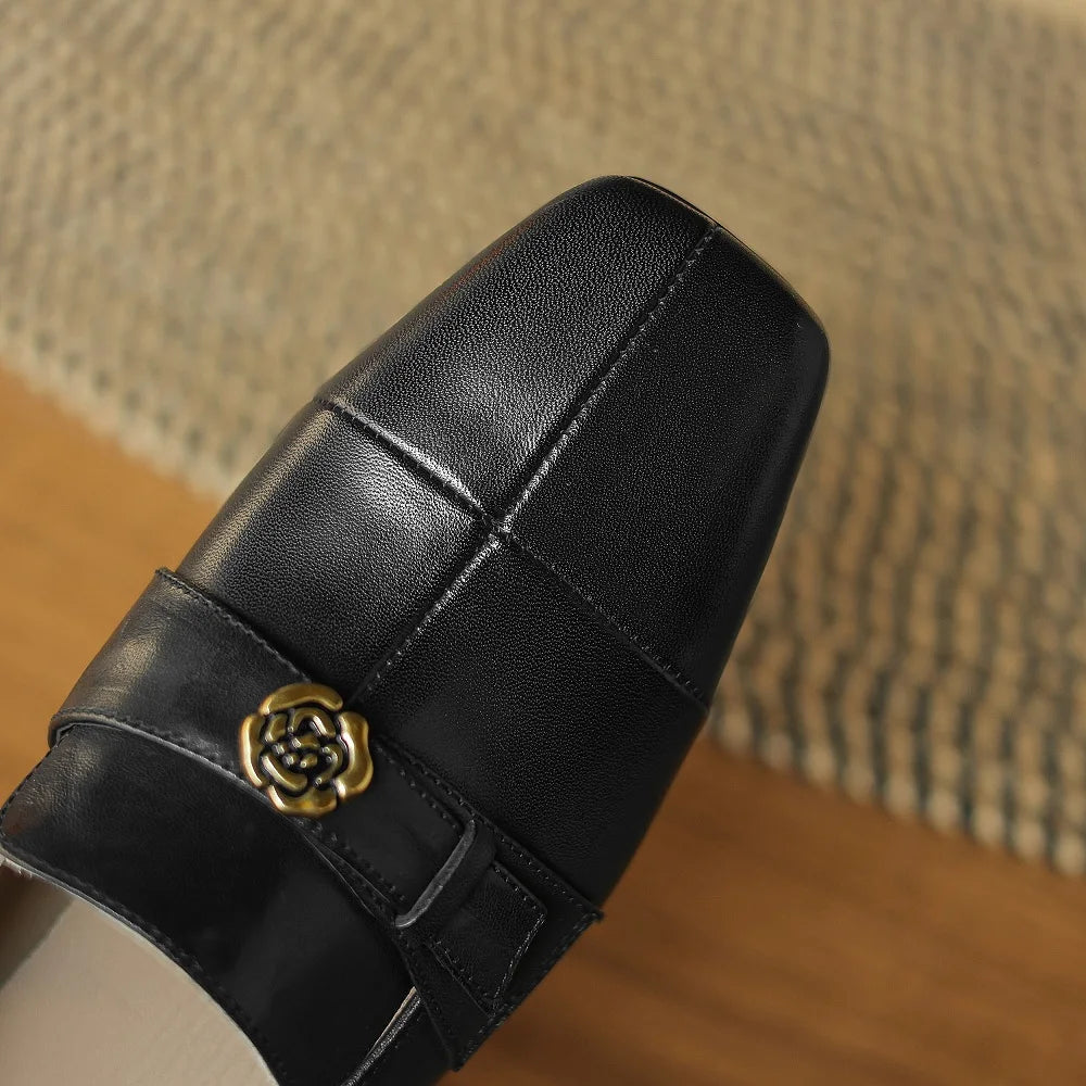 Handmade Genuine Leather Mid Heel British Sle Loafer Women's Spring Retro Camellia Single Shoes Fashionable 34-41