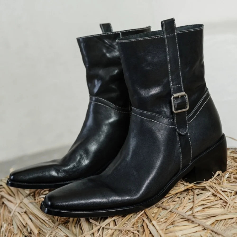 Handmade Genuine Leather Soft comfortable Ankle Boots Women New High Quality Square Mid Heel Boots Shoes 34-40