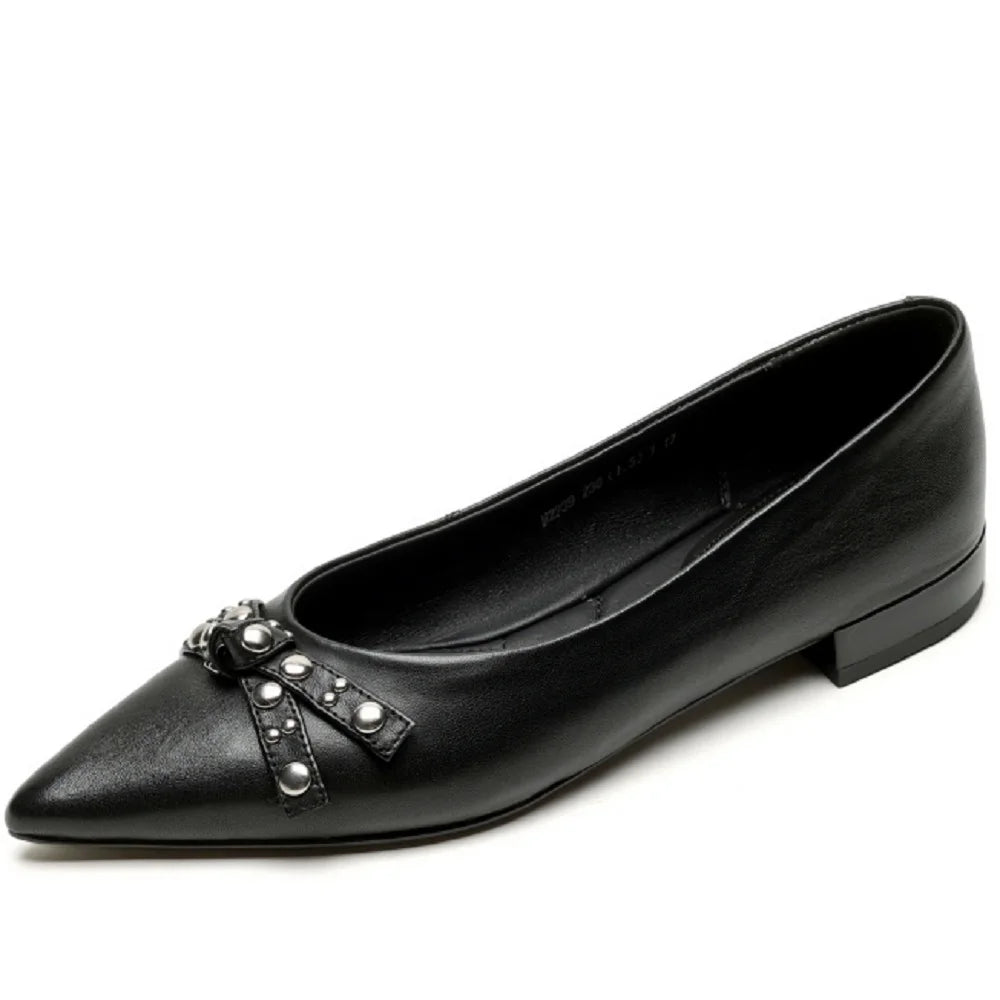 Handmade Genuine Leather Pointed Toe Low Heels Street Wear Slip On Butterfly-knot Decoration Sweet Girl 34-40