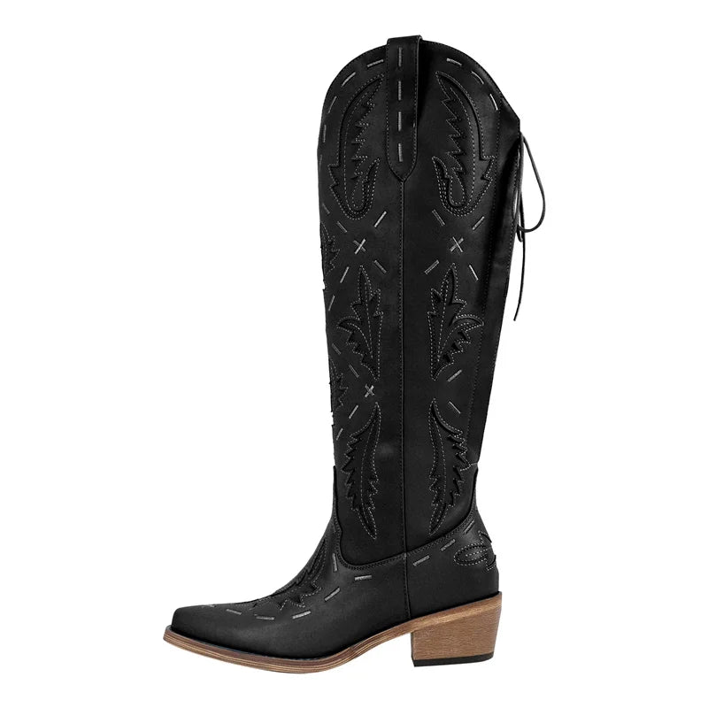 Onlymaker Women Cowgirl Boots Embroidery Lace-up Knee High Wide Calf Western Cowboy Boots