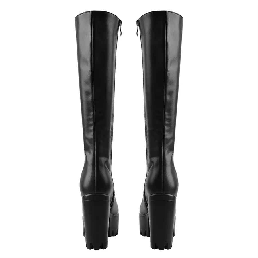 Onlymaker Women  Platform Black Matte Front Lace-Up Side Zip Knee High Boots Big Size Lady Fashion Classic Long Boots