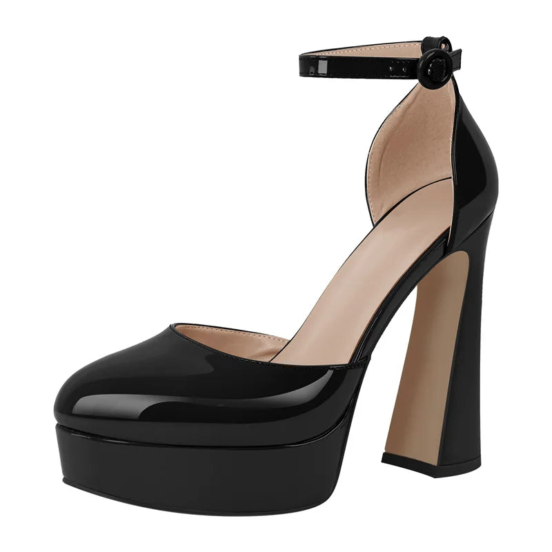 Women Round Toe Platform Ankle Strap Chunky High Heel Pumps High Heeled Party Dress Patent Leather Shoes