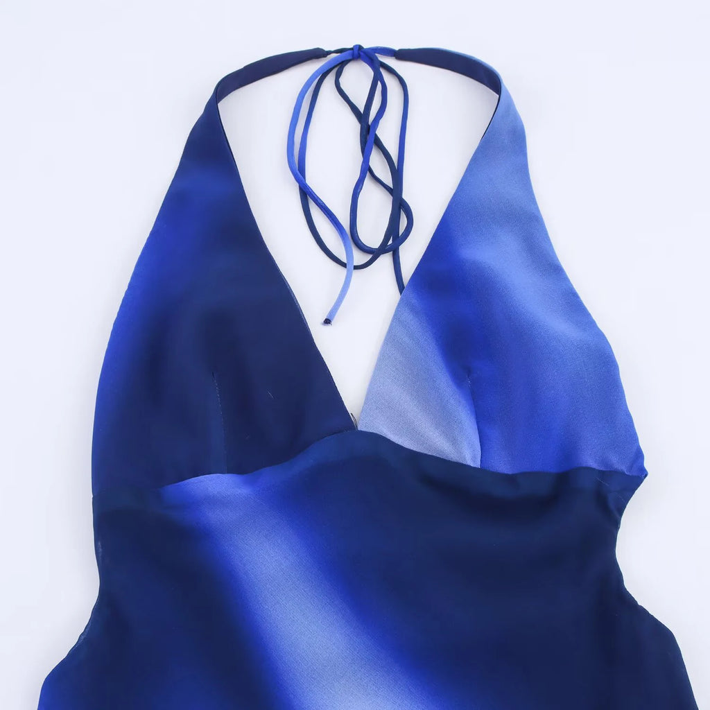 2026 autumn new fashionable temperament blue printed bow decoration hanging neck V-neck long dress