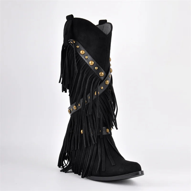 Onlymaker Women Black Pointed Toe Fringe Pull-on Knee High Boots Comfy Pull On Mid Calf Chunky Heel Western Boots