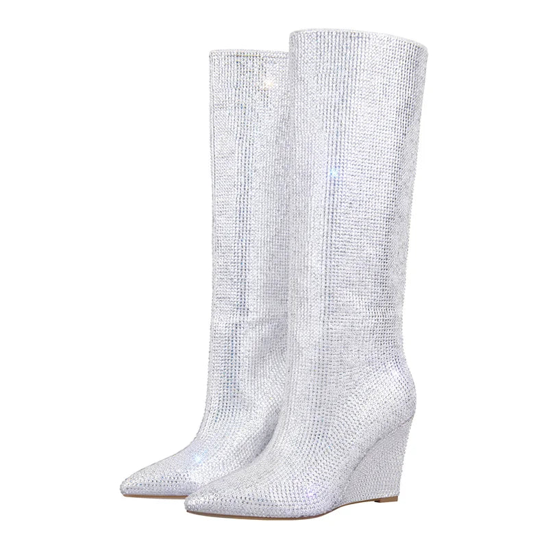 Onlymaker Wedges Heel Crystal-Embellished  Knee Boots Rhinestone  Western Cowboy Fashion Party Dress Winter Boots