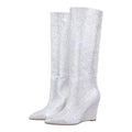 Onlymaker Wedges Heel Crystal-Embellished  Knee Boots Rhinestone  Western Cowboy Fashion Party Dress Winter Boots
