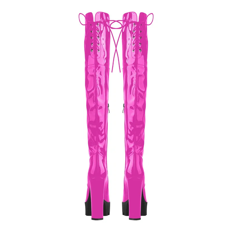 Onlymaker Over The Knee Boots Women Platform Patent Leather High Heel  Zipper Big Size Handmade Fashion Pink Female Boots