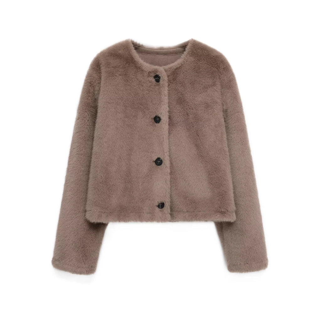 2025 Autumn/Winter New Women's Sweet and Fashionable Round Neck Artificial Fur Effect Short Jacket Coat