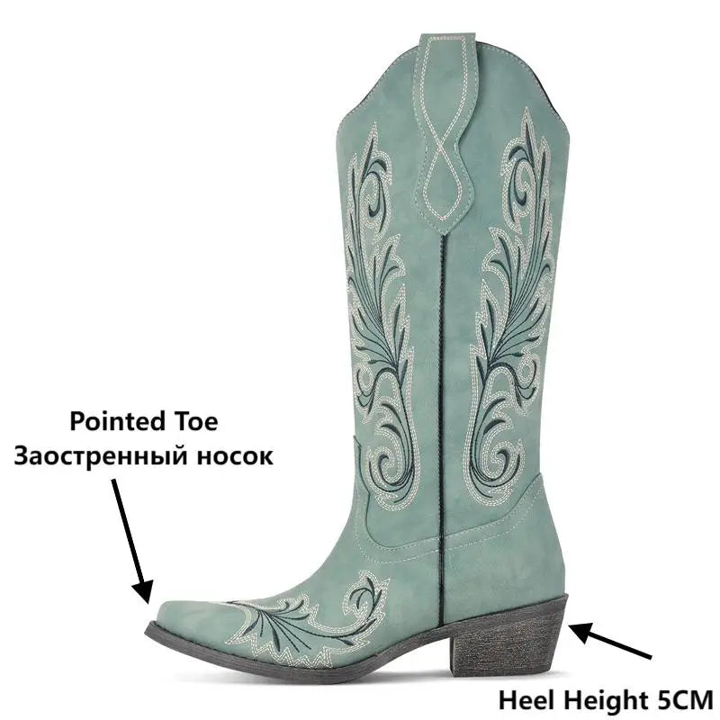 Onlymaker Women Embroidered Pull-on Cowboy  Western Boots  Mid Calf Block Heels Cowgirl Boots