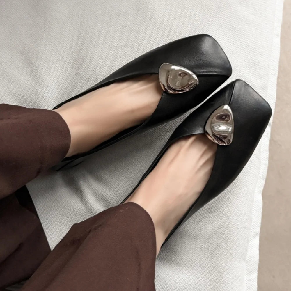 Handmade Genuine Leather Metal Low Hells Bottom Single Shoes for Women Spring Wedding New Soft Bottom Ultra Shoes