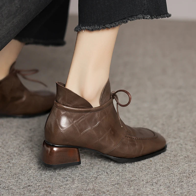 Women's Handmade Genuine Leather Shoes Medium Heel Comfort Retro Literature And Art Cross-tied Pumps Shoes 34-41