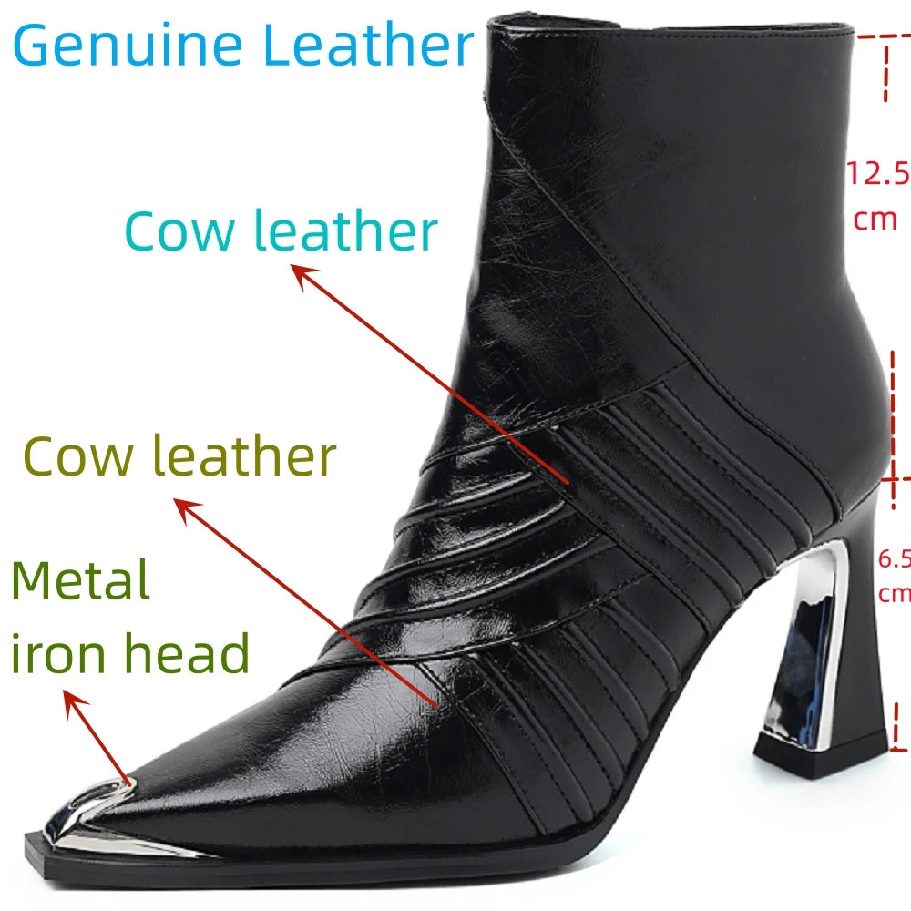 New Women Handmade Genuine Leather Ankle Boot Short Pointed Toe Thin High Heels Winter Modern Ladies Shoes 33-40
