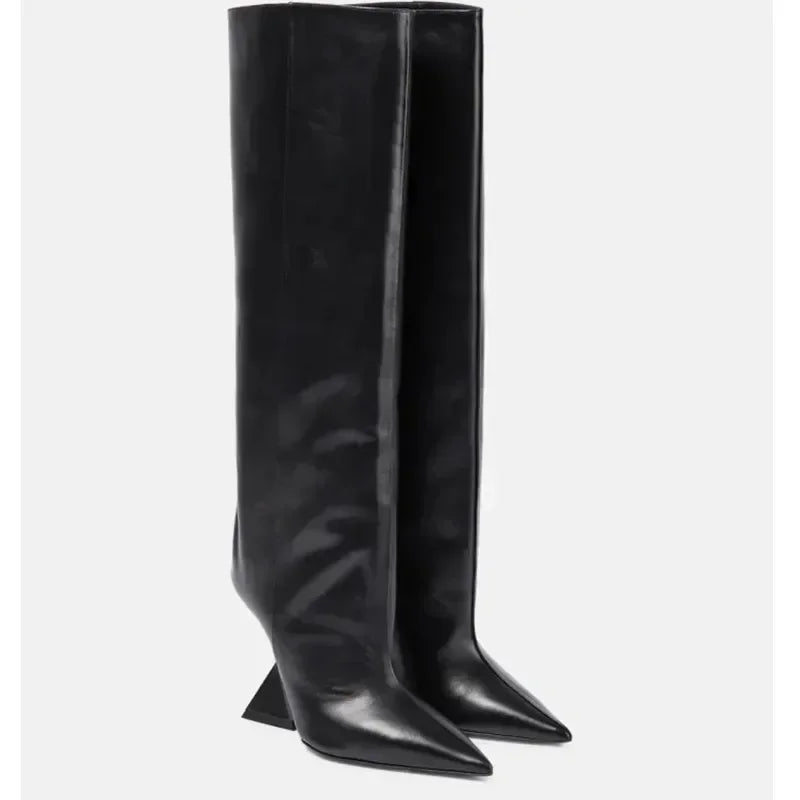 2025New European and American Women's Knee Boots Fashion Pointed Shaped High Heels Women's Large Long Sleeve Boots