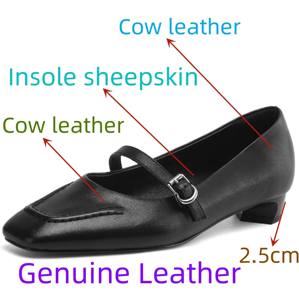 women Handmade Brand Genuine leather Mid heel square toe slip-on Mary Jane Mid Hell elegant ladies shoes 34-41