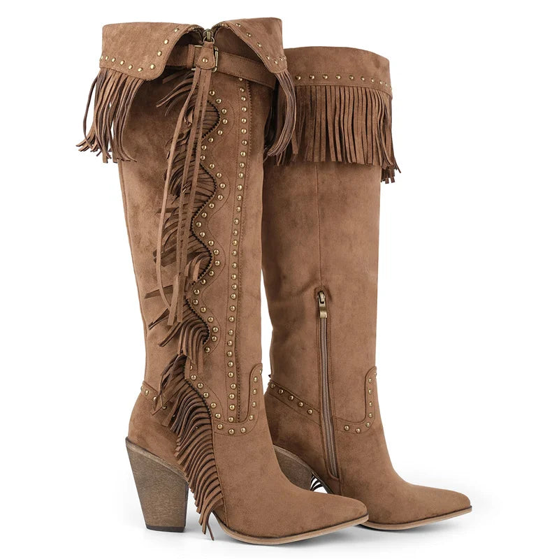 Onlymaker Women Pointed Toe  Fringe Rivet Brown Faux Suede leather Knee High Boots Vintage Side Zipper Fringe boots
