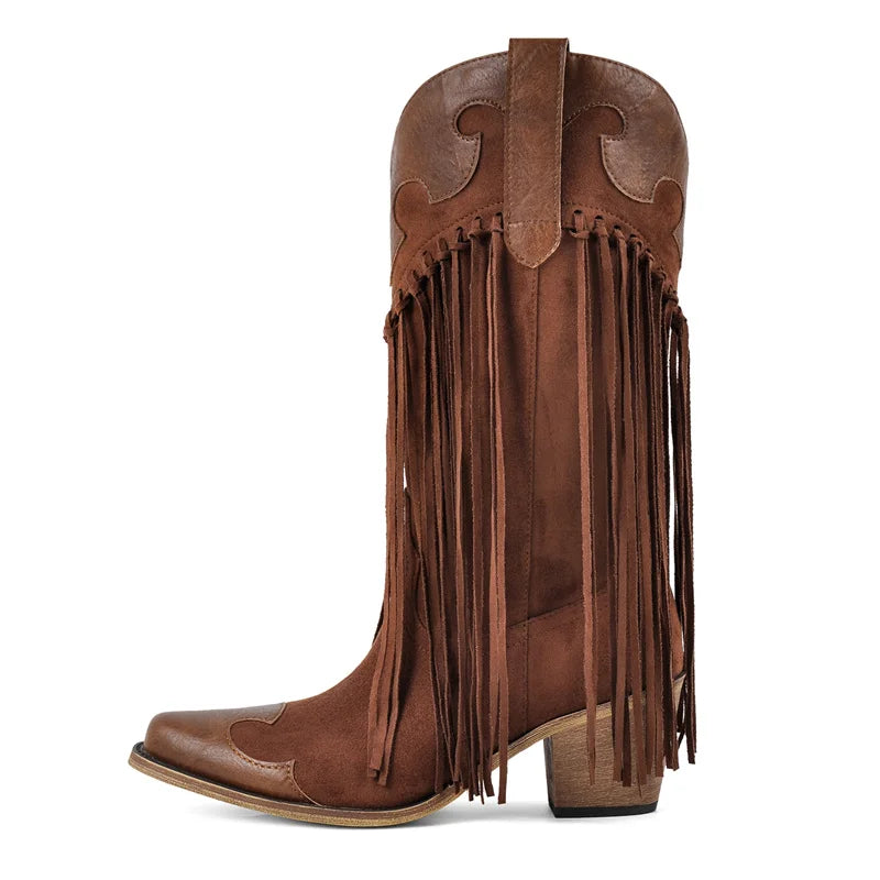 Onlymaker Women Pointed Toe Retro Fringe Pull On Western Cowgirl Boots Fringed Chunky Heel Embroidery Cowboy Boots